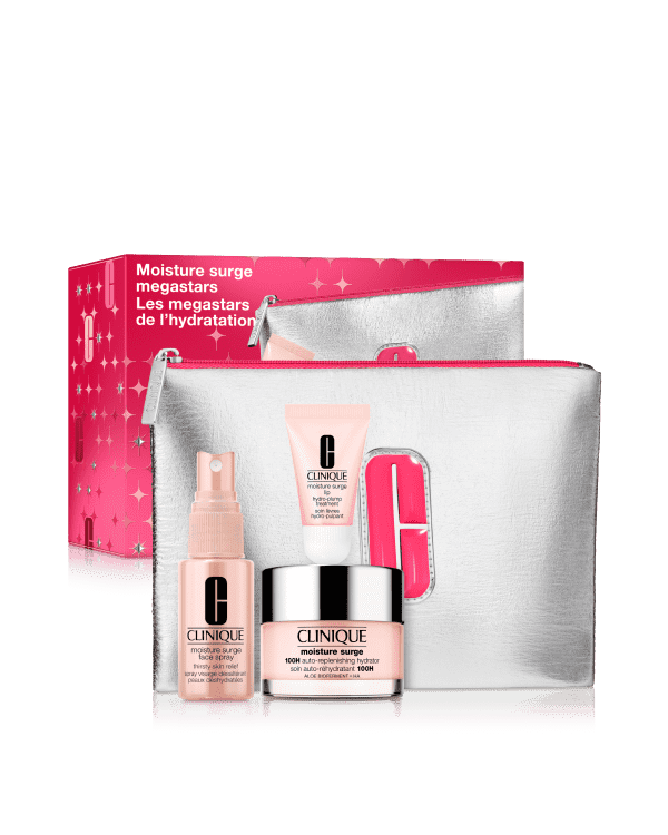 Moisture Surge Megastars Seti, A skincare trio featuring our powerful hydrator plus a refreshing face spray and multitasking lip balm. A XX.XX value.